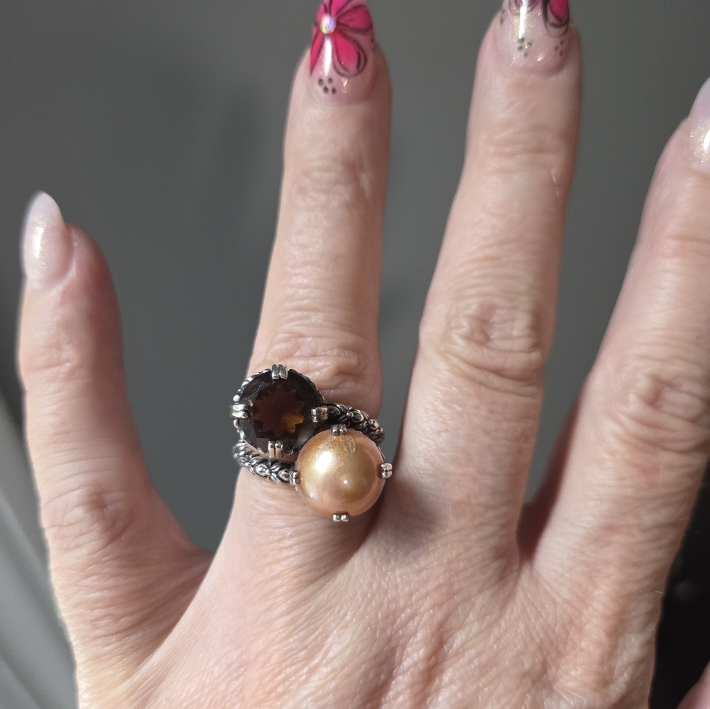 Stephen Dweck Sterling Cognac Quartz & Cultured Pearl Ring - Picture 7 of 11